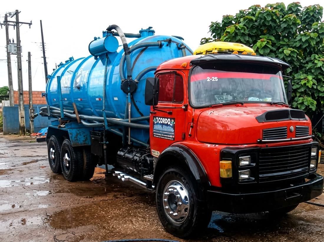 Caminhão vermelho com tanque azul, da primeira frota do Gordo